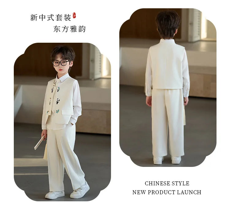 90-160 Kids New Chinese Tang Suit Hanfu Embroidery Suit Flower Boys Host Recitation Performance Costume