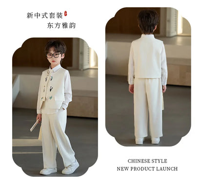 90-160 Kids New Chinese Tang Suit Hanfu Embroidery Suit Flower Boys Host Recitation Performance Costume