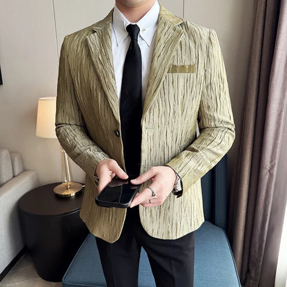 Korean Trend 3D Pleated Suit Jacket for Men Wedding Groom Business Dress Jacket Casual Banquet Party Host Blazer Masculino