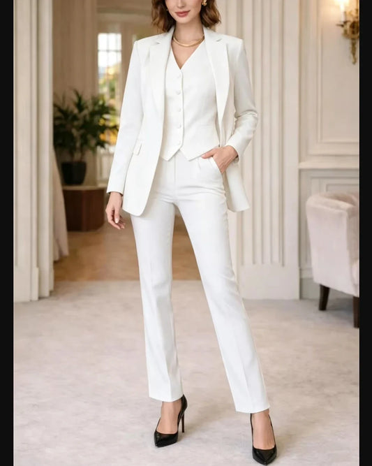 White Women's Suits 3 Pcs Set Elegant Workwear Blazer Business Party Pantsuit Wedding Guest Outfit (Jacket+Vest+Pants)