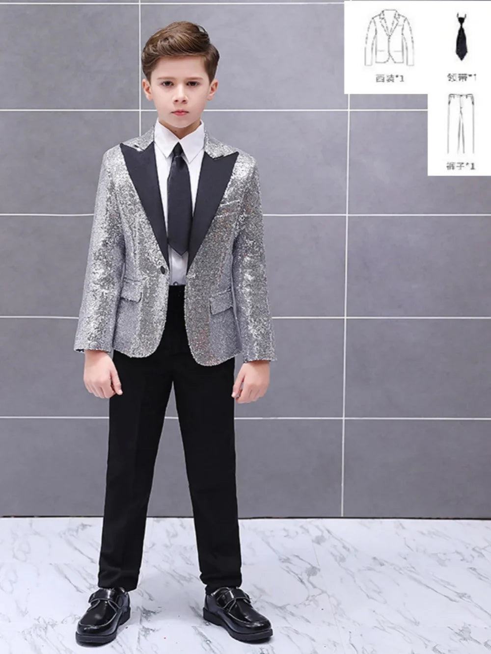 Boys Sequined Suit Set 3 Pieces Performance Wear 120-160cm Handsome Kids Slim Fit Suits Wedding Ring Bearer Outfit