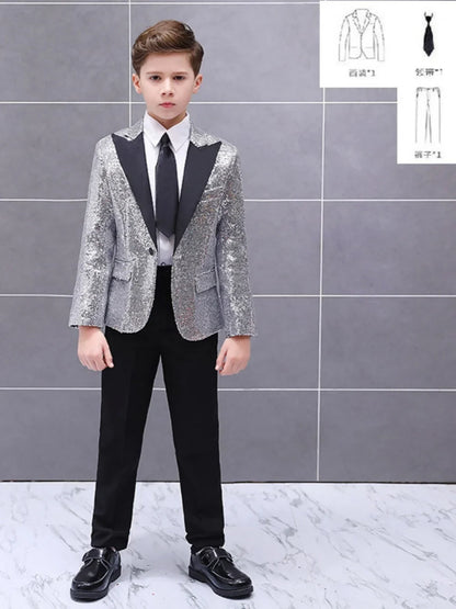 Boys Sequined Suit Set 3 Pieces Performance Wear 120-160cm Handsome Kids Slim Fit Suits Wedding Ring Bearer Outfit