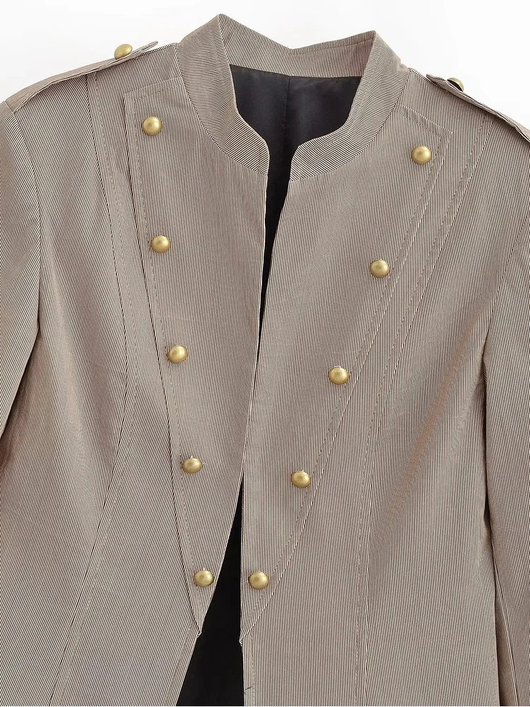 Women Military Style Cropped Blazer Jacket Gold Button Slim Short Suit Coat Stand Collar Elegant Office Lady Outerwear