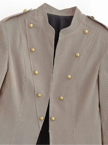 Women Military Style Cropped Blazer Jacket Gold Button Slim Short Suit Coat Stand Collar Elegant Office Lady Outerwear