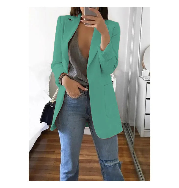 Women's Casual Blazer Notched Lapel Long Sleeve Open Jacket with Pockets Slim Fit Spring Autumn Office Lady Streetwear Coat