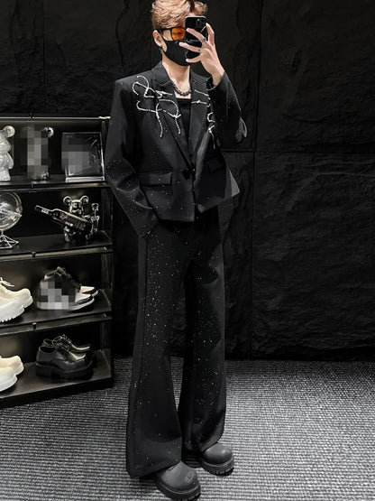 Party Mens Black Suits Sets Fashion Rhinestone Pearls Short Blazers Jacket High Waist Straight Pants Korean Style Two Piece Set