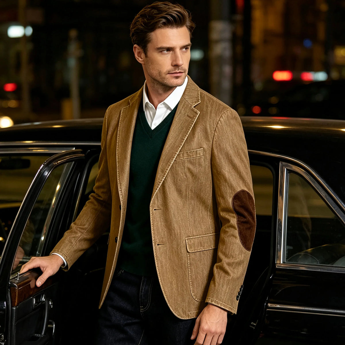 Men's Denim Blazer Suit with Suede Elbow Patches – Slim Fit, Casual & Business Wear