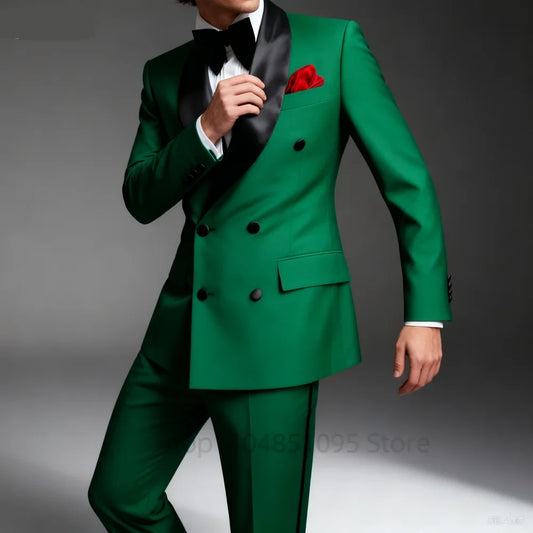 Slim Fit Double Breasted Men's Tuxedo 2 Piece Set Best Man Groom Wedding Shawl Lapel Business Suit with Jacket And Pants