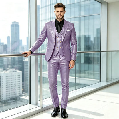 Men's 3 Piece Suit Crocodile Pattern Prime PU Leather Single Breasted Gold Buttons Slim Fit Wedding Dinner Party Formal Outfit ﻿