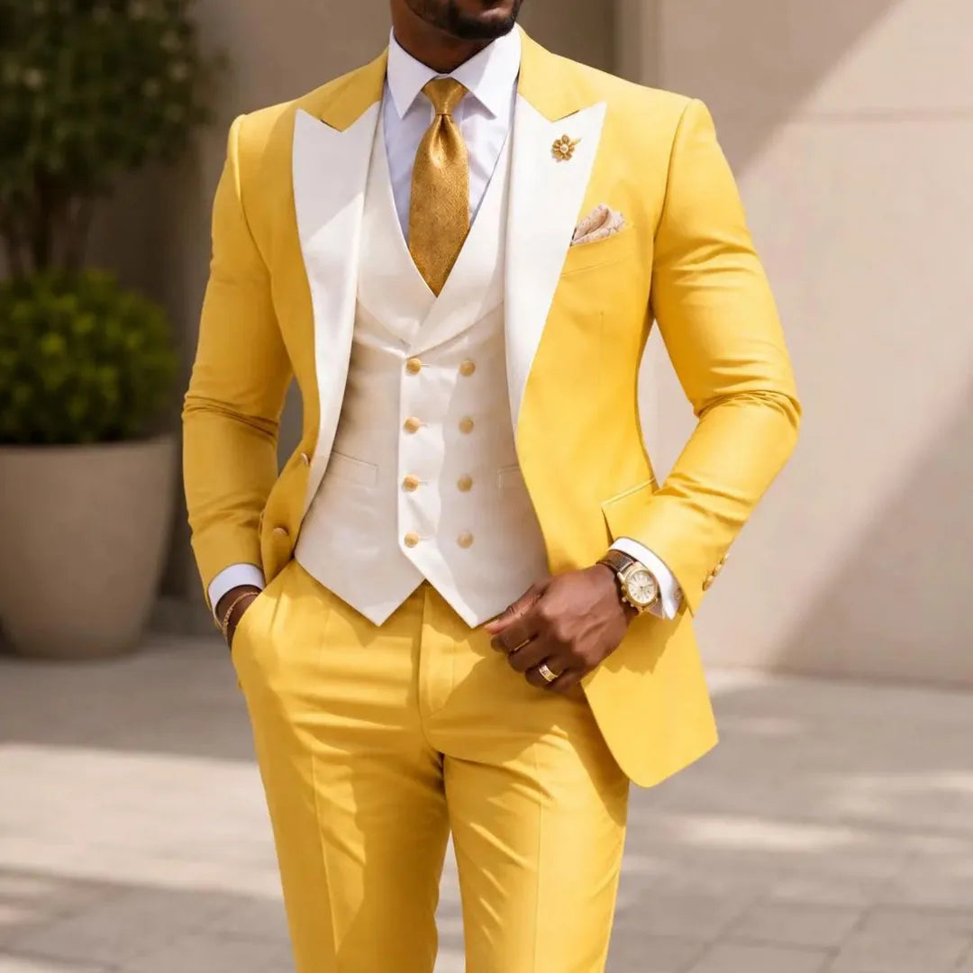 Men Suit Yellow 3 Pieces White Vest With Lapel For Wedding Birthday Banquet Prom Party Business Work Office Jacket Vest Pants