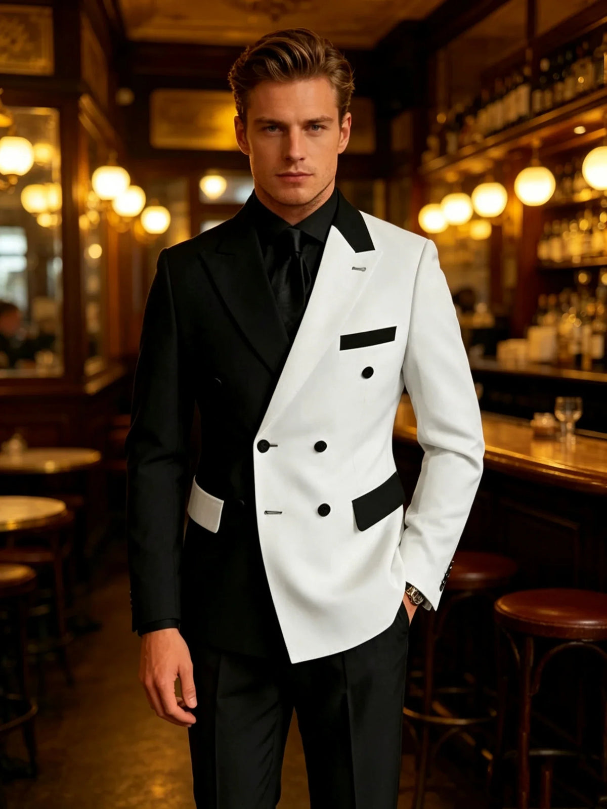 2Pieces Peaked Lapel Double Breasted Suits for Men Wedding Slim Fit Formal Groom Tuxedo Black White Suit Jacket with Pants