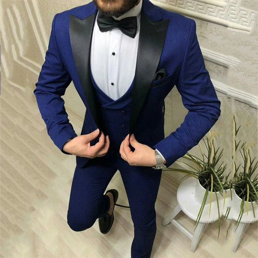 Royal Blue Elegant Men Suits Black Peak Lapel One Button Custom Made Men Wedding Suits 3 Pieces Blazer Vest Pants Costume Homme