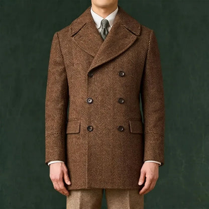 Men's Herringbone Tweed Overcoat Double-Breasted Wide Lapel Wool Blend Formal & Wedding Coat