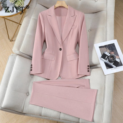 Korean Style Fashion Blazer Trousers Suit Women 2026 Autumn Long Sleeve Jacket and Pants 2 Piece Matching Set Outfit Pink