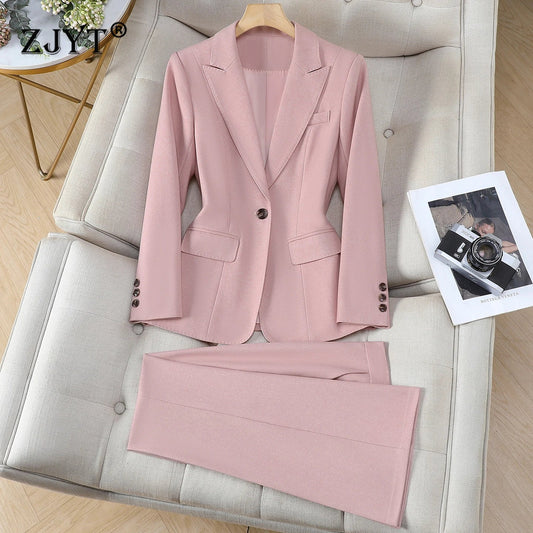 Korean Style Fashion Blazer Trousers Suit Women 2026 Autumn Long Sleeve Jacket and Pants 2 Piece Matching Set Outfit Pink