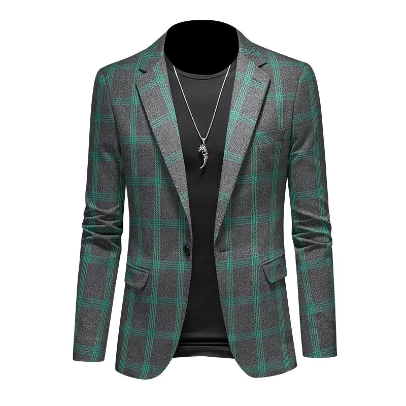 2025 Slim Fit Men's Casual Suit Handsome Fashion Plaid Blazer Polyester Business Wedding High-Quality Male Attire
