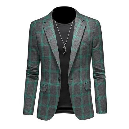 2025 Slim Fit Men's Casual Suit Handsome Fashion Plaid Blazer Polyester Business Wedding High-Quality Male Attire