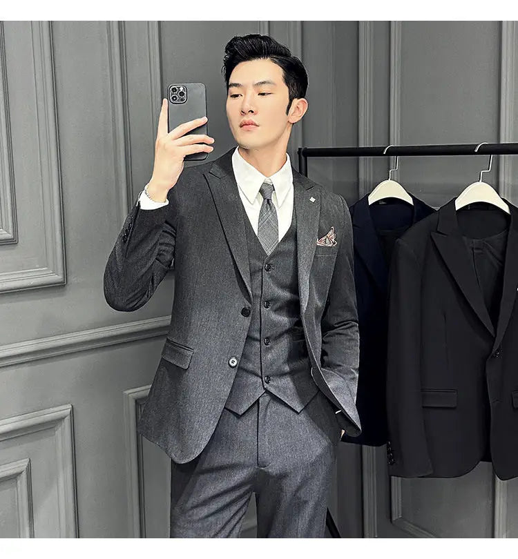 Men's 3 Piece Suit Set Double‑Button Slim Fit Solid Color Business Casual Wedding Party Jacket Vest Pants Formal Outfit for Men
