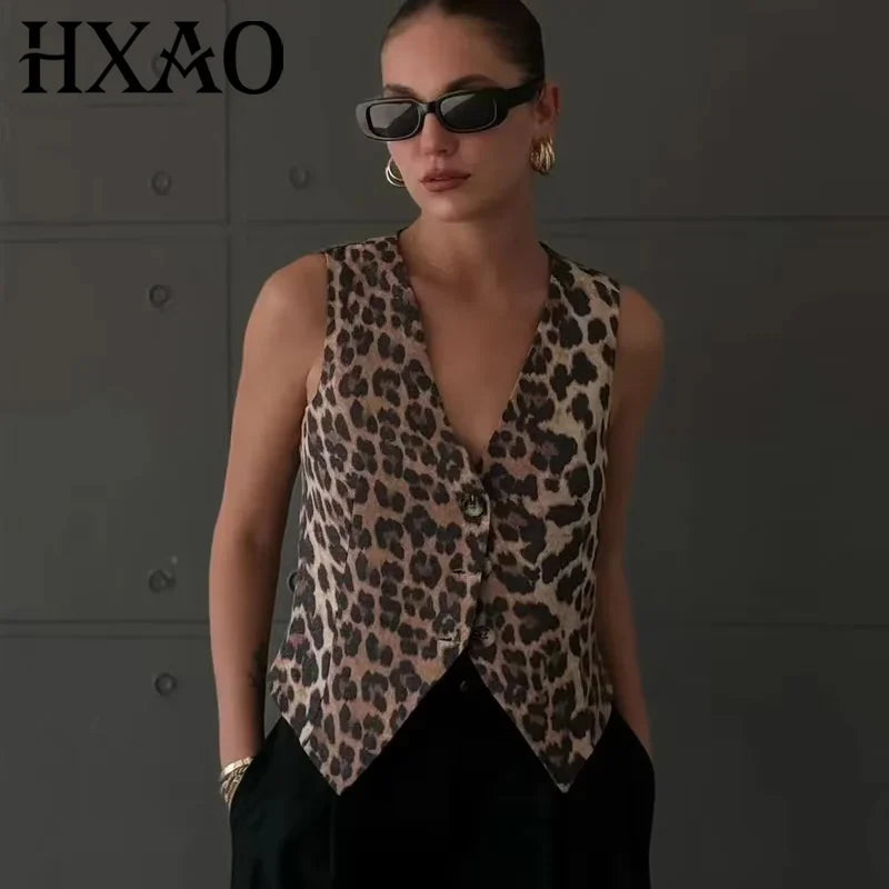 Leopard Lady Vests Vintage Cropped Sleeveless Vest Women Outerwears Animal Print Women's Suit Vest V Neck Casual Waistcoat