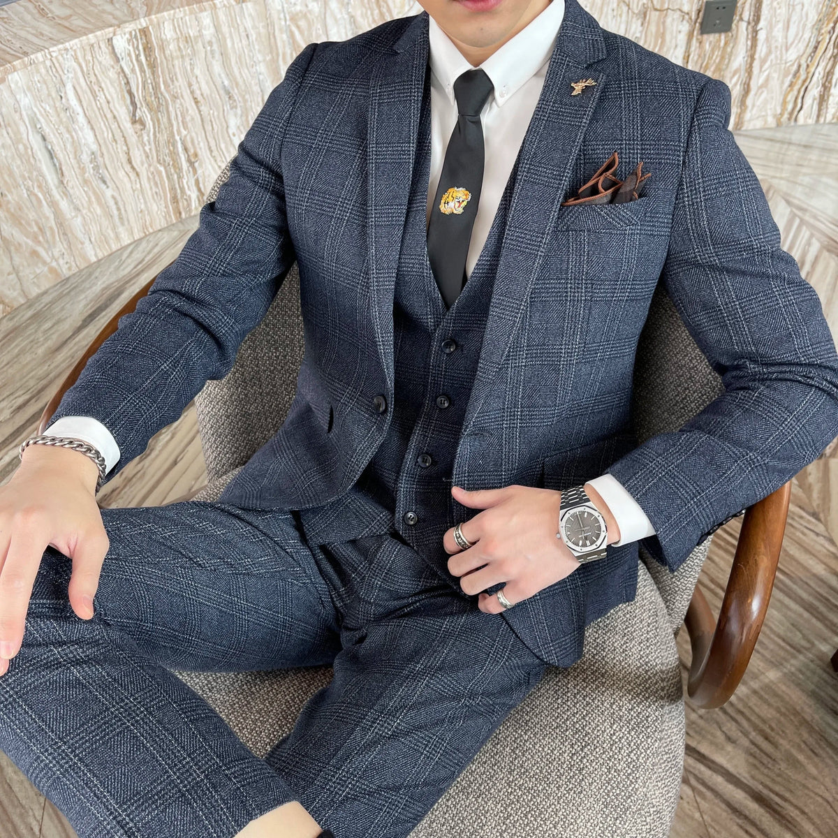 Ensemble costume trois pièces à carreaux modifié de haute qualité de style coréen britannique pour hommes - Gilet et pantalon de costume décontracté élégant