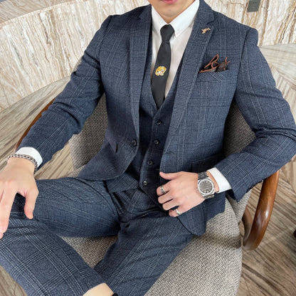 Ensemble costume trois pièces à carreaux modifié de haute qualité de style coréen britannique pour hommes - Gilet et pantalon de costume décontracté élégant