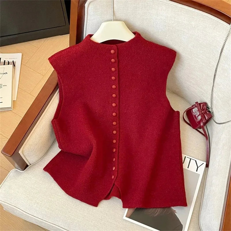 Autumn Winter Ladies Solid Color Knitting Vest Coat Korean Female high-end Stand Collar Sweater Women Fashion Knitted Sleeveless