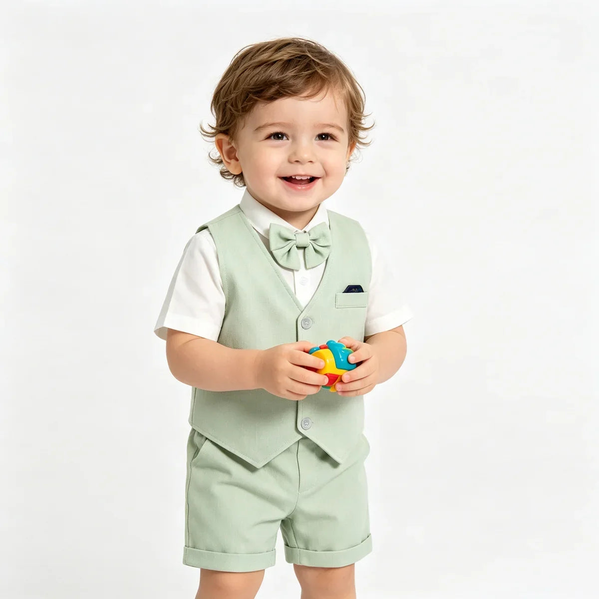 Baby Boys Sage Green Vest Short Sleeve Shirt Bow Tie Shorts 4pcs Clothes Set Kids Wedding Birthday Gentleman Formal Suit Set