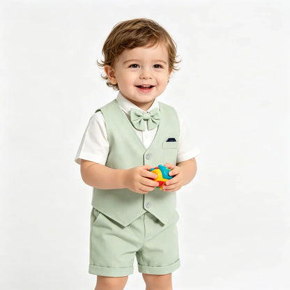 Baby Boys Sage Green Vest Short Sleeve Shirt Bow Tie Shorts 4pcs Clothes Set Kids Wedding Birthday Gentleman Formal Suit Set