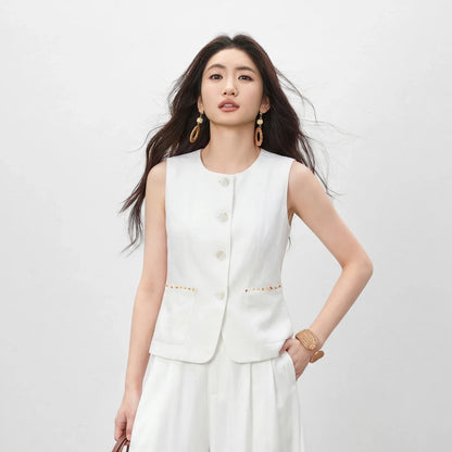 Women's White Vest Blazer 2026 Summer Round Neck Slim Thin Simple Versatile Top Ladies Commute Outfit Q62JA7390