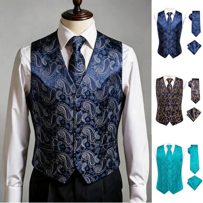 Men's Dress Waistcoat Set with Tie and Pocket Square for Party and Ceremony
