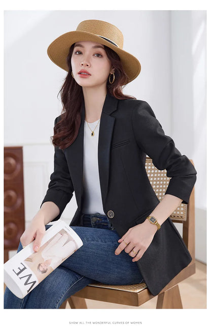 Elegant Solid Women's Blazer Long Sleeve Turn down Collar Slim Fit Office Jacket Single Button Spring Autumn Fashion