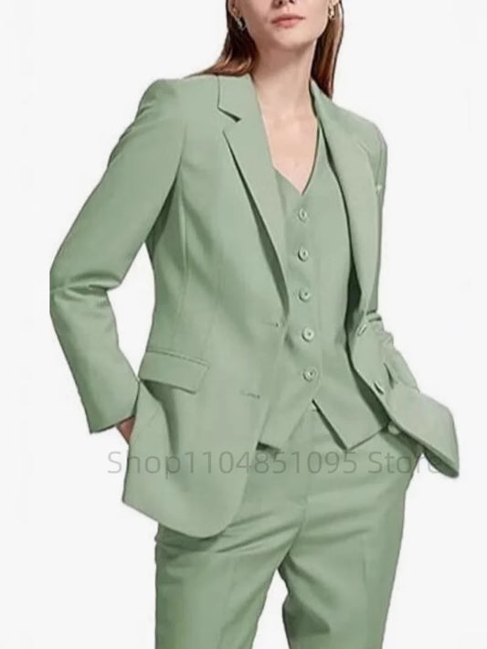 Solid Women's Three-Piece Suit Set Single Breasted Long Sleeved Lapel Suit Jacket and High Waisted Slim Fit Pant Suits Set