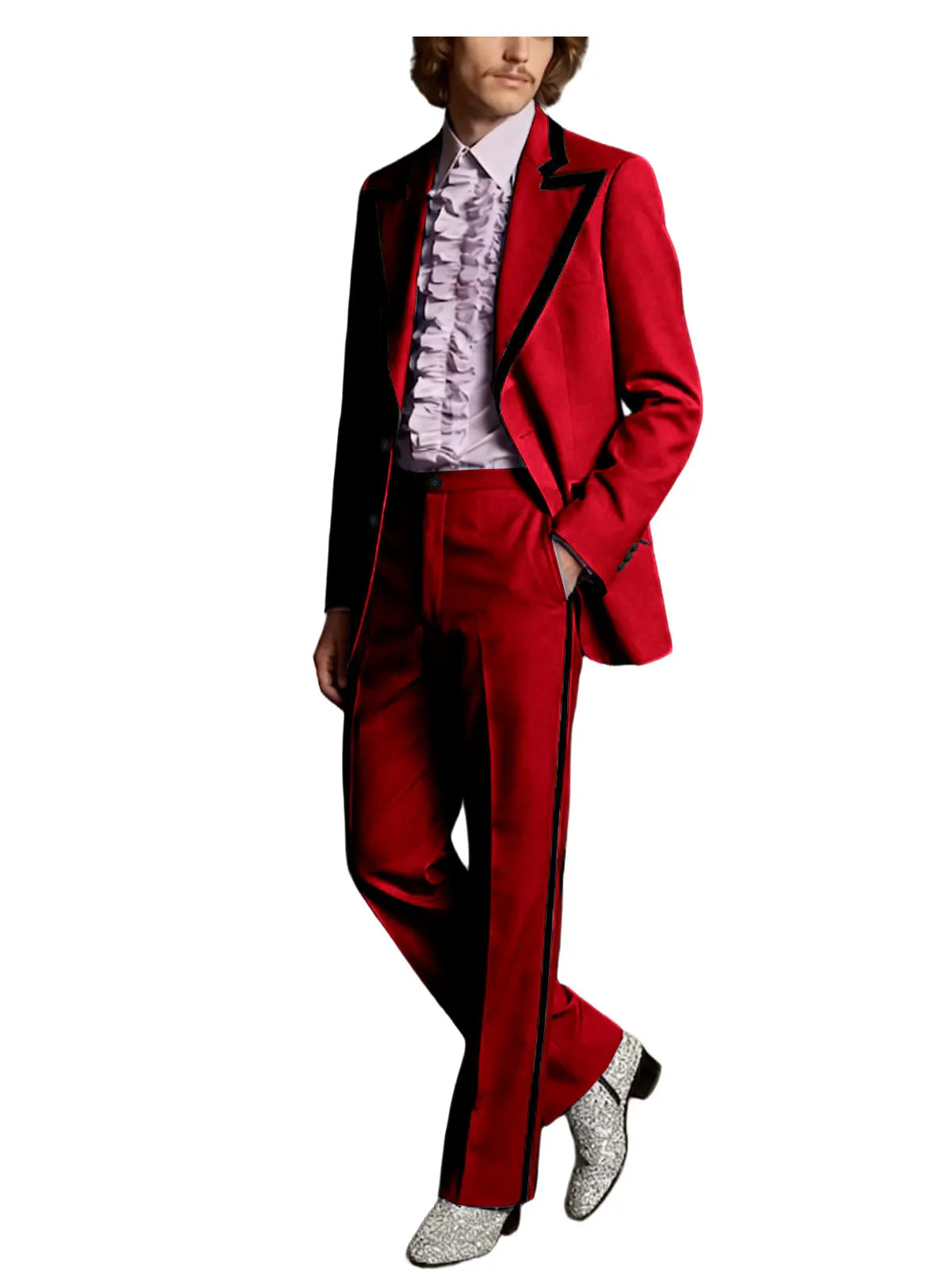 Men's Tuxedo Suit 2-Piece Slim Fit Blazer and Pants Set with Black Velvet Trim for Weddings and Formal Events