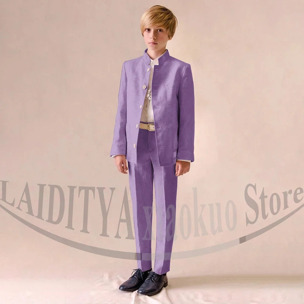Chic Linen Boy Suits Fashion Stand Collar Single Breasted Blazer with Pants Formal Wedding Tuxedo Daily Casual Kids Clothes