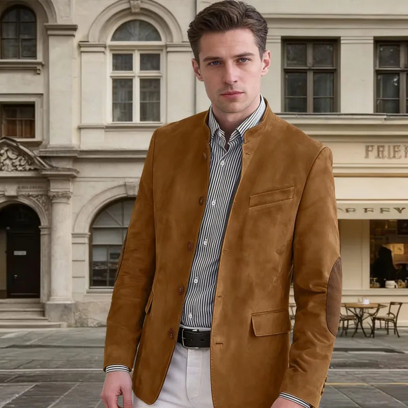 Vintage Men's Suede Blazer Elbow Patch Slim Fit Mandarin Collar Textured Fabric Jacket Business Casual Wedding Party Coat