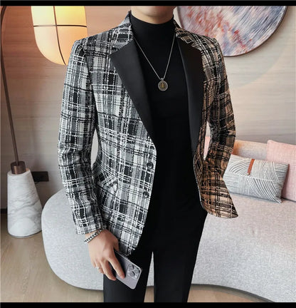 British Style Woven Suit Jacket Men Fashion Plaid Casual Business Blazer Gentleman Versatile Banquet Party Groom Wedding Coats