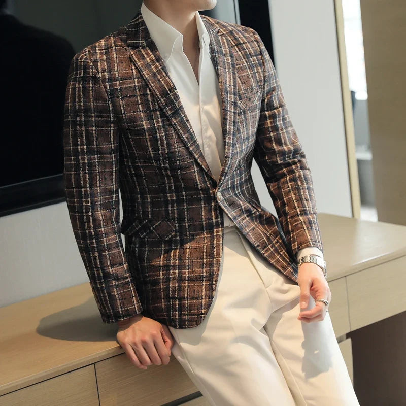British Style Plaid Woven Casual Suit Jacket for Men Slim Fit Business Social Dress Coats Wedding Party Banquet Office Blazers