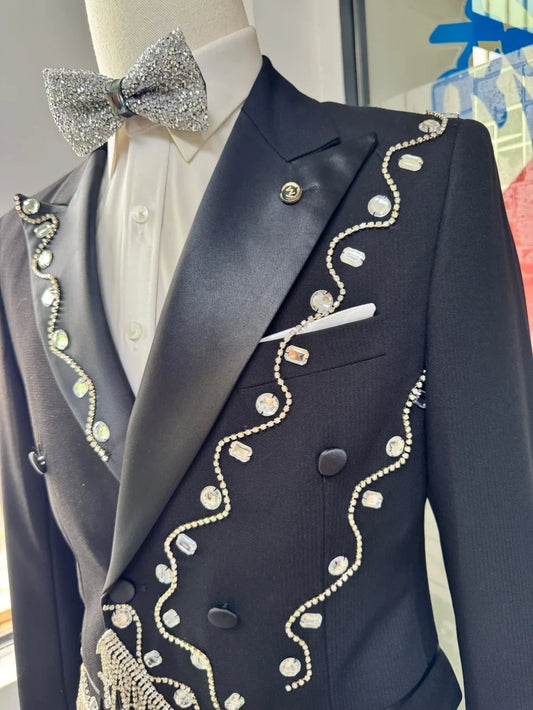 Formal Men's Luxury Crystal Suit Set 2 Pieces Jackt Pants Wedding Groom Sets Double Breasted Slim Fit Tuxedo Host Costumes