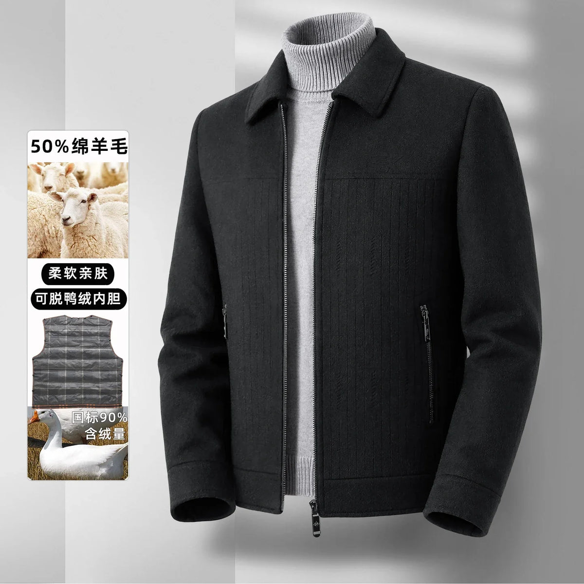 Men's Double-Faced Woolen Zipper Jacket Autumn Winter 50% Wool Removable Inner Vest Mid-Youth Fashionable Woolen Top