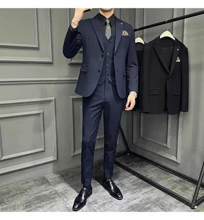 Men's 3 Piece Suit Set Double‑Button Slim Fit Solid Color Business Casual Wedding Party Jacket Vest Pants Formal Outfit for Men