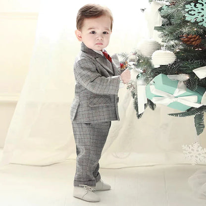 Kids Boys Gentleman Plaid Suit Outfit Jacket Pants Suspenders Bow Tie Formal Wedding Party Photograph Costume for Baby Boy Cloth