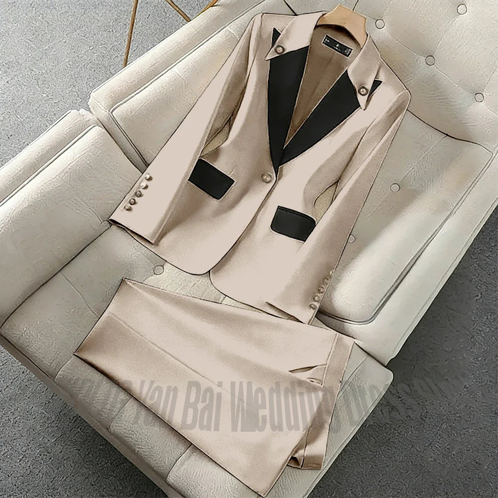 New Unique Women Pant Suit Contrast Color Modern Outfit One-Button Peaked Lapel Casual Fashion Daily Female Clothes Set 2 Piece