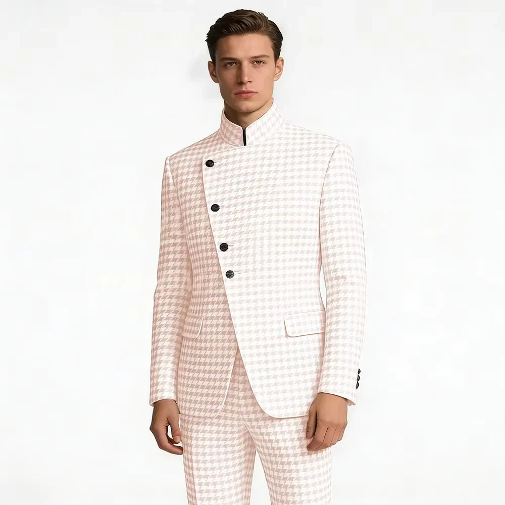 Elegant Men's Houndstooth Suit 2 Piece Mandarin Collar Slim Fit Fashion Jacket Pants Vintage Male Set For Formal Business Weddin