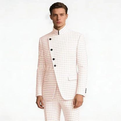 Elegant Men's Houndstooth Suit 2 Piece Mandarin Collar Slim Fit Fashion Jacket Pants Vintage Male Set For Formal Business Weddin