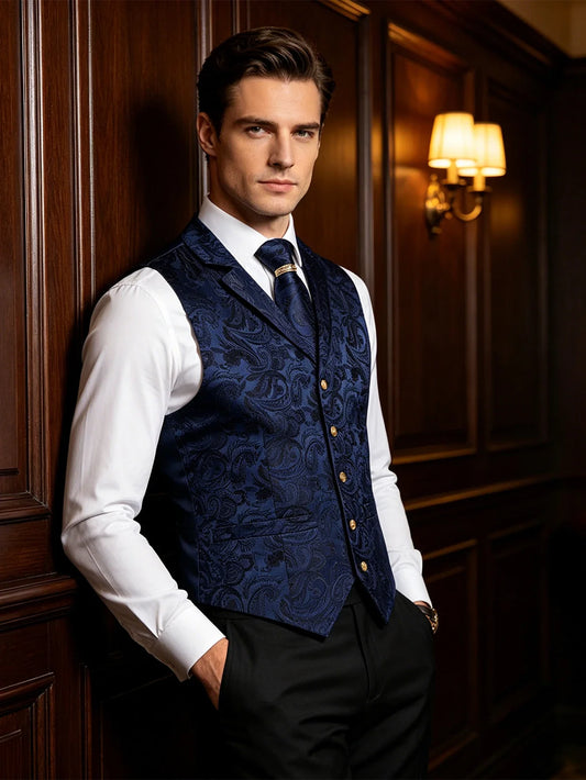 Men's Formal Vest Set with Paisley Pattern, Tie, Pocket Square & Cufflinks for Party & Events