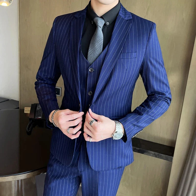 2024 Slim Fit Striped Three-Piece Business Suit Vest Trousers Set Korean Fashion Trend Handsome Wedding Outfit