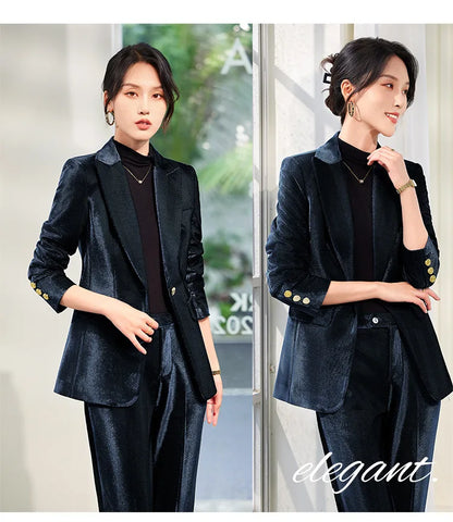 Pleuche Two Piece Sets Womens Outifits 2024 New Fashion Slim Elegant Long Sleeve Blazer Office Lady Flare Pants Suits
