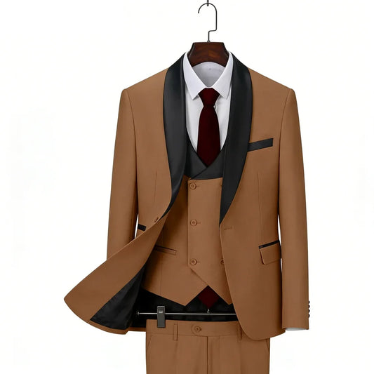 New Brown Men's 3 Pieces Suit Formal Business Shawl Lapel Slim Fit Groom Tuxedos Best Man Blazer For Wedding(Blazer+Vest+Pants)
