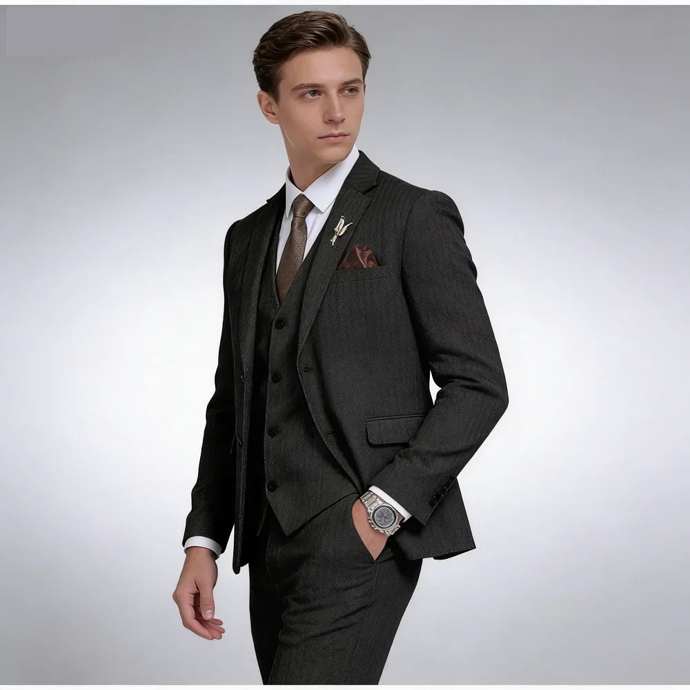 Men 3 Pieces Warm Herringbone Suit Formal Business Tweed Groom Tuxedo for Men Business/Wedding Men's Suit Jacket Vest Pants Set