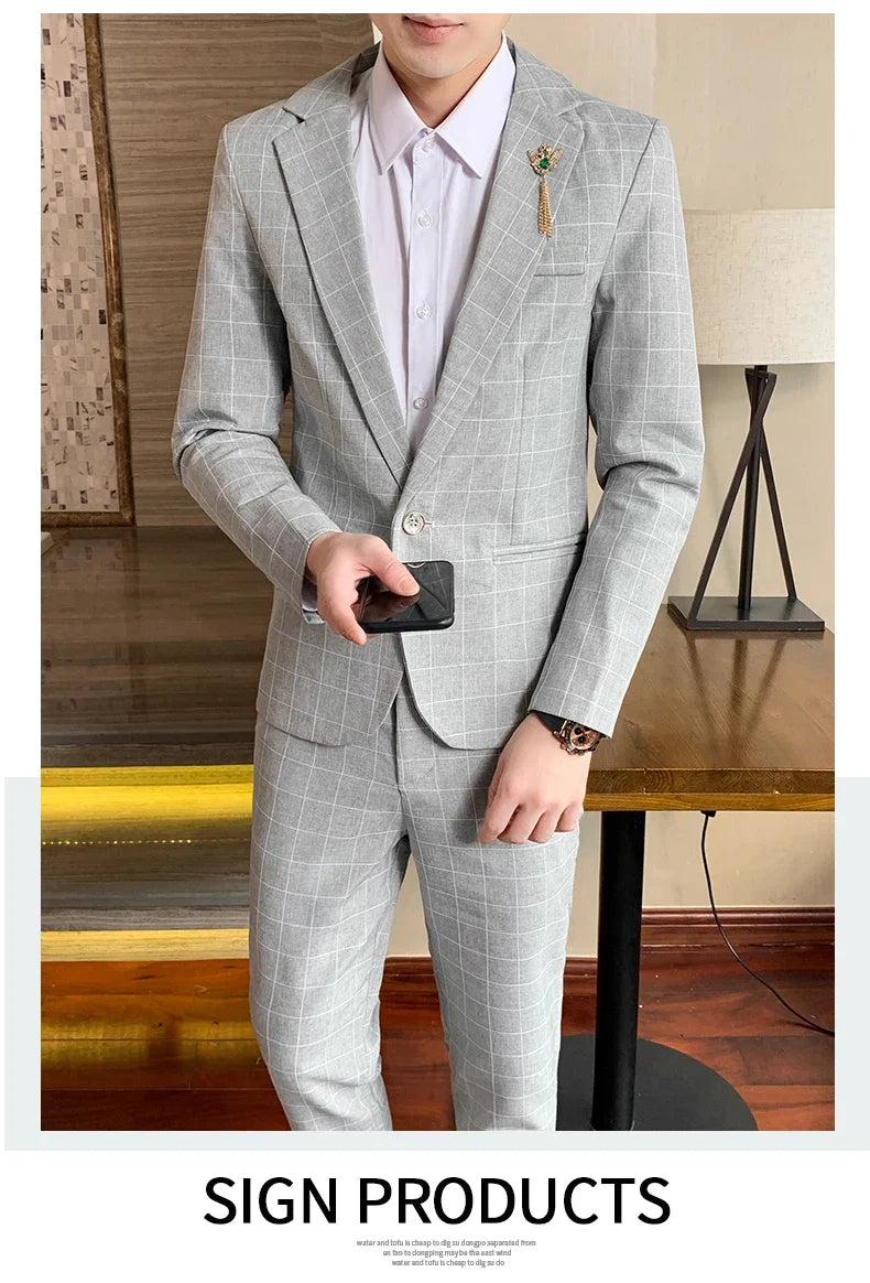 Autumn 2024 Men's Slim Fit Checkered Two-Piece Suit Korean Style Handsome Fashion Suit And Trousers Set
